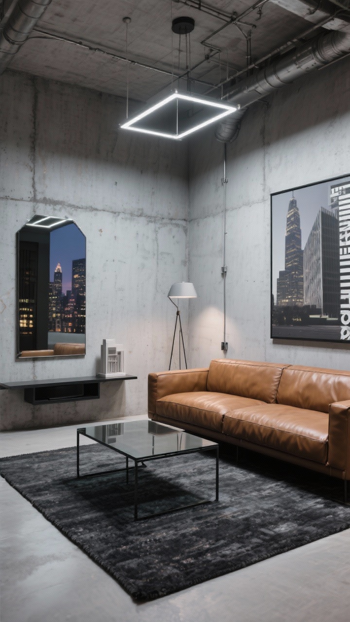 Medium shot, Urban Glass & Steel vignette: cool gray concrete-look (or limewash) walls, charcoal flatweave rug; streamlined cognac leather sofa facing a black metal coffee table with smoked glass top; wall-mounted media shelf keeping the floor clear; linear LED chandelier overhead and an industrial floor lamp providing focused light; a steel-framed mirror reflecting loft energy; minimal decor—single architectural model and bold typographic print; gray, black, cognac, smoked glass palette; evening city glow, photorealistic, angled perspective.