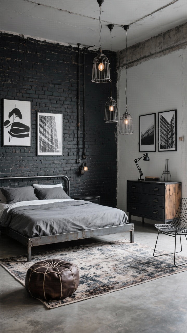 Medium shot, Urban Loft Industrial Chic: A metal platform bed with a thin profile, stone-gray bedding, and an accent wall in deep slate (or exposed brick). A black metal dresser (or reclaimed wood) stands to the side. Adjustable task sconces or cage pendants provide industrial lighting. A distressed vintage-look rug softens the concrete-textured floor. Wall art: black-and-white abstract canvases and architectural prints. Materials: metal, reclaimed wood, concrete textures; accents like a leather pouf and wire-frame chair in frame. Cool, urban mood. Photorealistic, corner angle.