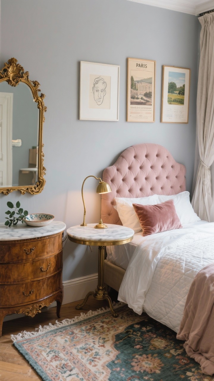 Medium shot, Vintage Paris Apartment bedside vignette: soft dove gray walls; tufted headboard in dusty rose; white percale sheets with a light quilt and a velvet lumbar pillow; marble-topped bistro table as a nightstand; curved brass lamp providing warm glow; carved gilded mirror over dresser reflecting light; patterned wool rug in faded jewel tones peeking underfoot; art trio—sketches, vintage-style poster, and a small landscape; linen drapes puddling slightly; ceramic trinket dish and fresh eucalyptus sprig; romantic, old-world, photorealistic.