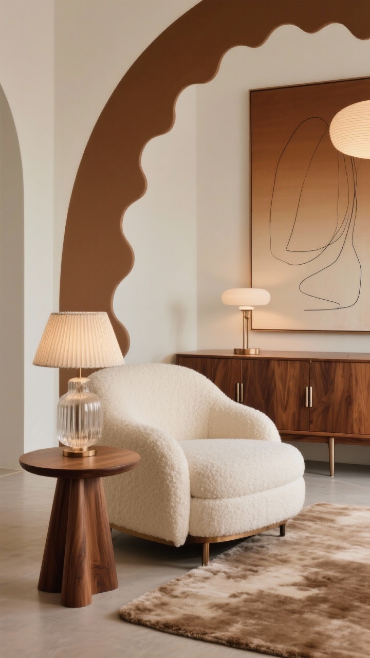 Medium shot, Warm Modern With Curves seating vignette: curved bouclé or mohair sofa in cream, rounded walnut side table and walnut credenza, plush microfiber rug in mushroom/taupe, fluted glass lamp casting soft glow; cocoa-and-cream palette with a hint of caramel, shapes echo arches, circles, scalloped edges; muted bronze or soft brushed nickel metal details on legs and pulls; abstract line art and an oversized canvas with soft gradients on the wall; sculptural yet cozy lighting, photorealistic, no people, straight-on view.