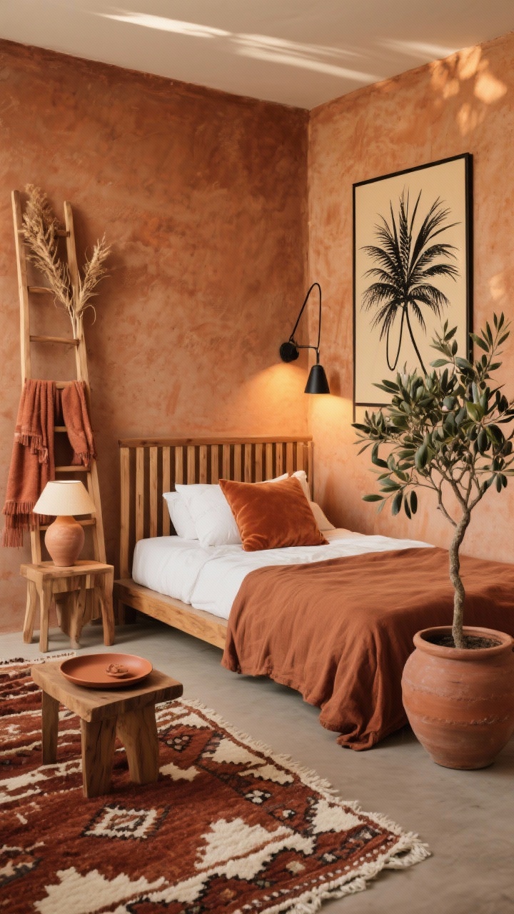 Medium shot with golden-hour glow: “Terracotta Meets Teak Oasis” featuring burnt terracotta microcement walls and a low-profile teak bed with vertical slats; cinnamon-toned linen bedding, clay-colored velvet pillow, off-white percale sheets; a slim teak ladder with throws; rust-and-cream Beni Ourain rug; hand-thrown ceramic lamp on a side table and a terracotta tray; overscale black-ink line drawing art; dried palm fronds in a floor vase and an olive tree in a clay pot; adjustable black metal swing-arm sconces casting warm directional light. Photorealistic, side angle.