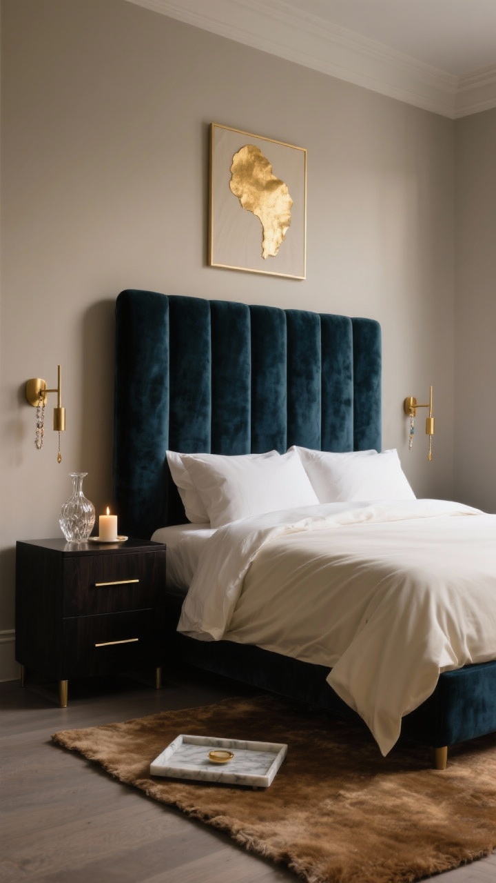 Medium shot with moody lighting, Minimal luxe with brass and velvet: soft mushroom walls, a tall velvet headboard in deep forest or midnight blue; cream sateen sheets and a tan wool rug; slim brass sconces like jewelry flanking the bed; black-stained wood nightstands with thin brass pulls; a single gold-leaf abstract on linen mat; accents include a marble tray, cut-crystal carafe, and a single lit candle; restrained glam, warm highlights on brass and velvet texture, photorealistic.