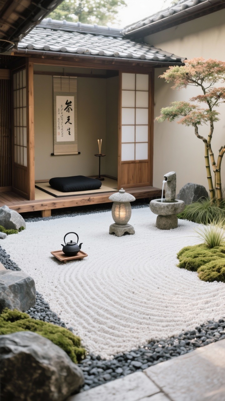 Medium shot, Zen Gravel Garden With Tea Pavilion: a rectangle of meticulously raked white gravel bordered by chunky basalt stones and a low cedar edge; petite shoji-style tea pavilion in one corner with a black zabuton, cedar meditation bench, low tray and a small cast-iron teapot; a single weathered granite lantern centered for balance; bamboo water spout (shishi-odoshi) to one side; Japanese maple, dwarf mondo grass, and moss patches; minimal calligraphy scroll inside the pavilion and a simple incense stand; restrained, serene mood with soft, diffused natural light, photorealistic, slight corner angle.