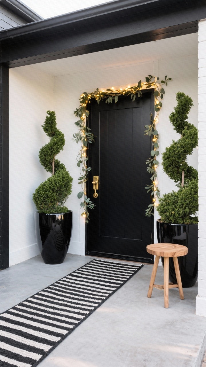 Medium, slightly off-center angle of a modern monochrome porch in daytime: matte black front door with a brass door knocker, two tall glossy black planters with sculptural boxwood topiaries on either side, a thin eucalyptus garland threaded with gold micro-lights tracing a clean line around the doorway, a black-and-white striped runner rug elongating the space across sleek concrete, a minimal acacia wood stool as a simple accent table; palette of black, white, brass, and soft green; crisp lines and high-contrast textiles; micro-lights subtly glowing.