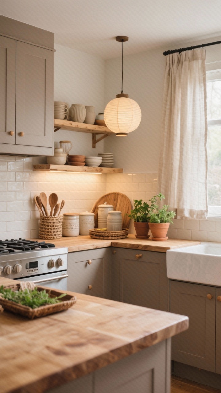 Medium, softly lit Scandinavian cozy-modern kitchen vignette highlighting thick oiled butcher block countertops with rounded bullnose edges; matte mushroom/taupe cabinets; creamy vertically laid subway tile; open birch shelves with neutral stoneware and wood utensils; a paper lantern pendant and warm under-cabinet lighting; linen café curtains filtering daylight; charming clutter with ceramic canisters, woven trays, and a small herb garden in clay pots.