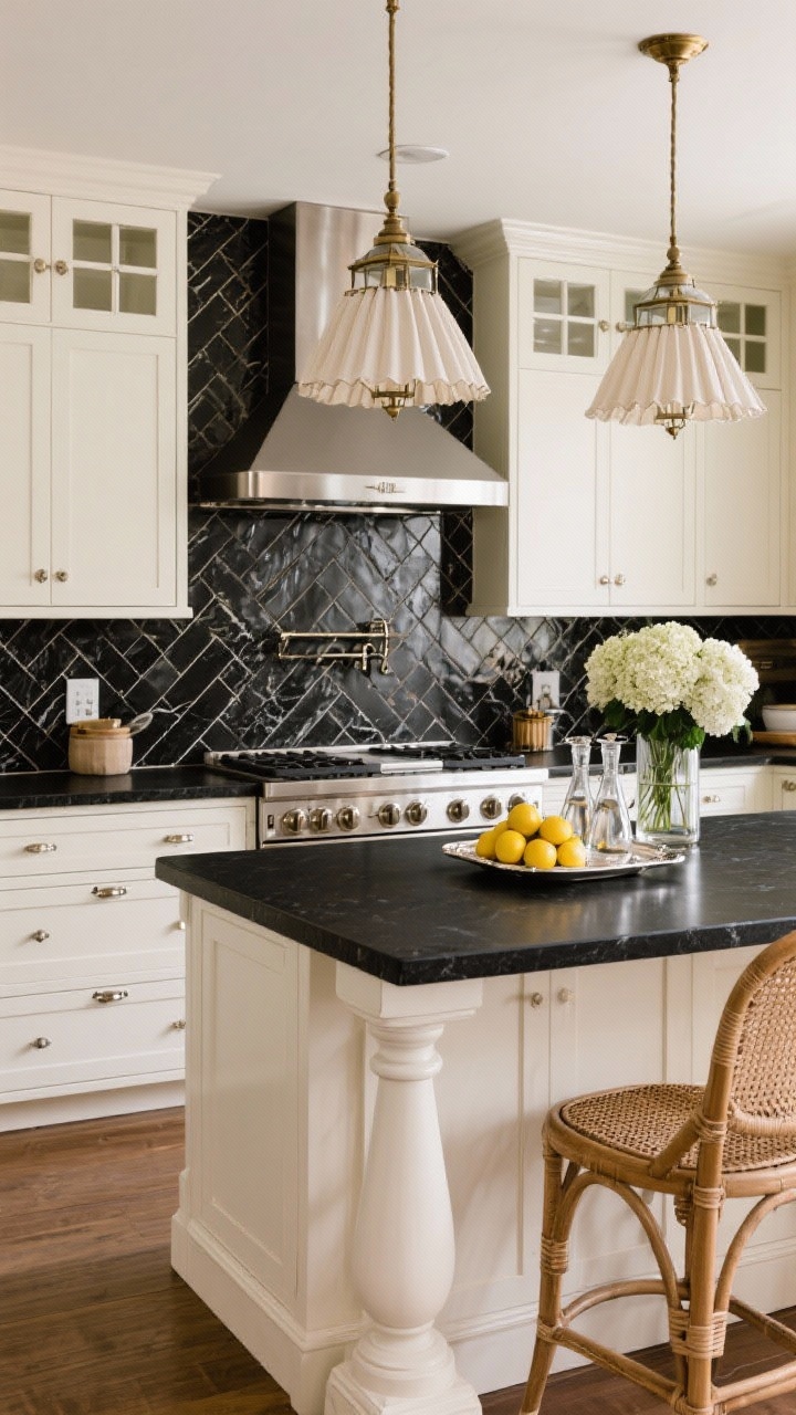 Medium, sophisticated classic kitchen view featuring honed absolute black granite countertops creating strong contrast against warm white inset cabinets with furniture-style toe kicks; polished nickel hardware and a statement range hood trimmed in nickel; a Calacatta-look tile backsplash laid in herringbone; lantern-style pendants with pleated fabric diffusers over the island; cane-backed counter stools; elegant styling with a pedestal of lemons, a silver tray with decanters, and fresh hydrangeas.
