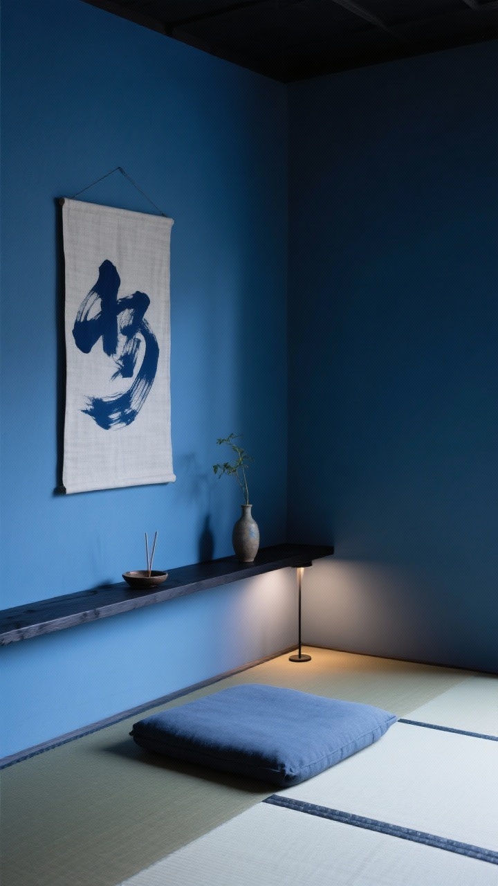 Medium, straight-on minimalist corner: Matte indigo walls cocoon a sparse setup with a single tatami mat and a low graphite-blue zabuton, a narrow black oak ledge on the wall holding a tiny incense dish and a single sprig in a ceramic bud vase; a dimmable floor uplight softly washing the indigo wall in blue shadows; key tones of indigo, charcoal, and ink black, with a framed abstract navy brushstroke on raw linen leaning or hung; calm, intentional, photorealistic, no people.