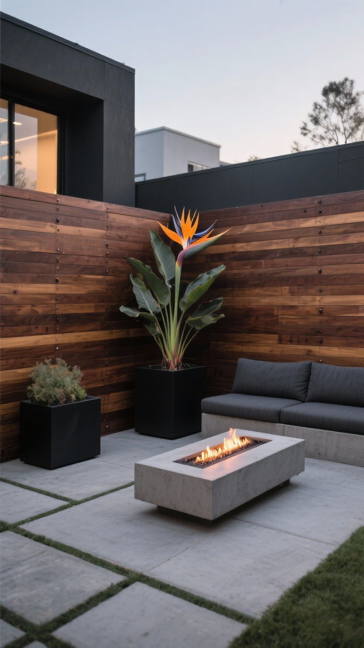 Medium, straight-on modern courtyard: Ipe hardwood fence with tight horizontal planks and hidden fasteners for a seamless face, rich espresso tone under subtle evening light. Black-and-charcoal palette: matte black planters, minimalist concrete pavers, a low concrete bench. One oversized sculptural plant (bird of paradise) as the singular decor element. Low-profile modular seating in dark gray performance fabric facing a slim linear gas fire pit. Luxe, gallery-like minimalism, photorealistic.