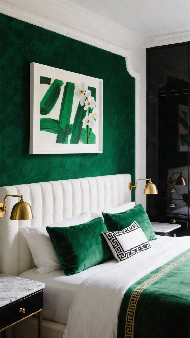 Medium straight-on shot: A dramatic emerald feature wall framed with white picture-frame molding behind a plush white channel-tufted headboard; bed layered with emerald velvet throw pillows featuring black-and-white Greek key trim; brass swing-arm sconces flanking the bed, a marble-topped nightstand on one side, and a glossy black lacquer dresser visible to the other; abstract art with green strokes and a white orchid arrangement; moody boutique hotel lighting with soft directional highlights; palette of emerald, white, black, and brass.