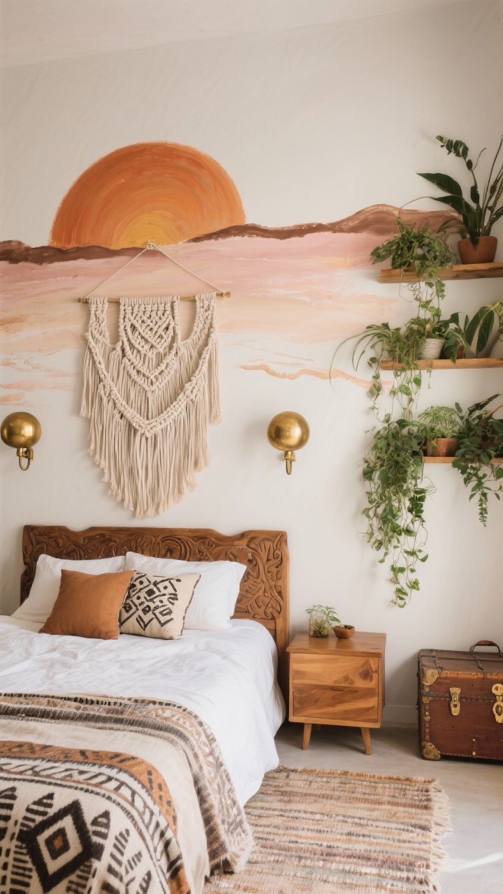 Medium, straight-on shot focusing on the wall behind the bed: a hand-painted sunrise mural with soft terracotta arc fading into clay and blush, organic brushwork visible. Over the mural, a neutral macramé tapestry adds layered softness. A carved wood headboard sits below brass globe sconces; staggered wall shelves to one side hold lush plants cascading to give vertical life. Nightstands in mango wood and a vintage trunk as side table. Textiles: block-print duvet, kilim pillows, layered flatweave rug. Palette: terracotta, clay, blush, ivory, brass. Warm, artistic, cozy retreat under soft afternoon light.