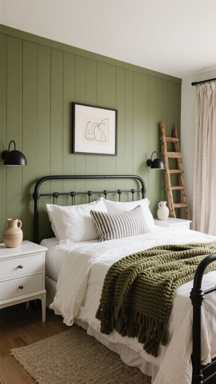 Medium straight-on shot: Modern farmhouse bedroom featuring an olive green board-and-batten feature wall behind a matte black iron bed dressed in crisp white cotton bedding; chunky knit olive throw draped at the foot and striped lumbar pillows; white nightstands topped with black dome sconces; a natural wood blanket ladder leaning nearby; ceramic jugs, framed line drawings, and linen drapes; warm, balanced lighting that highlights texture and depth.