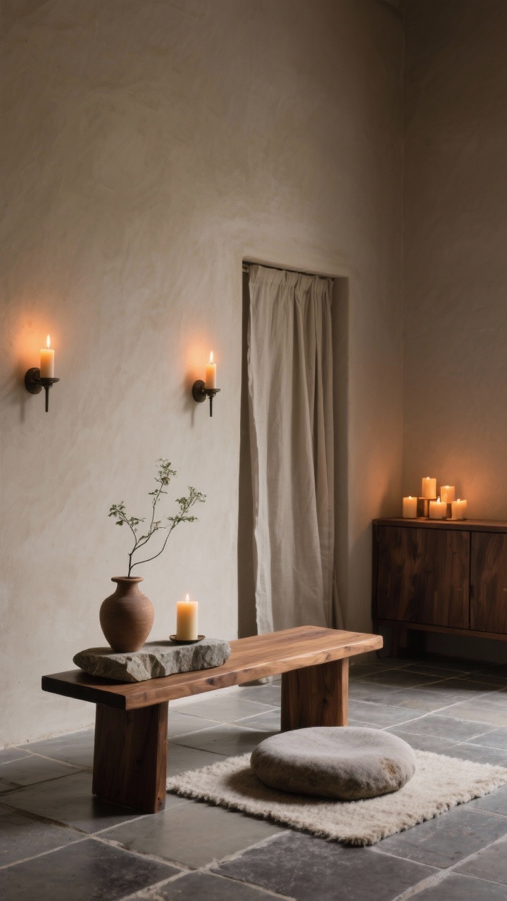 Medium straight-on shot, Monastic Minimal: warm greige walls and stone-tile floor with a single felted wool mat, handcrafted walnut meditation bench centered simply. Elemental altar arrangement: smooth river rock, a beeswax candle, and a single sprig in a clay vase on a small stone slab. Wall-mounted sconces with dim amber bulbs, candle cluster adding reverent glow. Storage hidden behind a linen curtain panel, lines kept clean. Greige, walnut, soft charcoal palette, quiet contemplative mood, photorealistic, low light.
