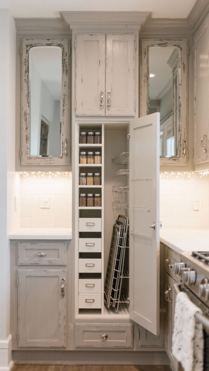 Medium, straight-on shot of a small kitchen wall with antiqued mirror cabinet fronts resembling an appliance hutch, satin nickel accents, and under-cabinet LEDs sparkling on the smoky mirrors; the center mirrored panel open to a slender pantry with pull-out vertical shelves, slim spice drawers, vertical baking sheet rack, and a narrow ladder tucked into a side slot; cabinetry in soft taupe; bright, bounce-enhancing lighting to maximize spaciousness.
