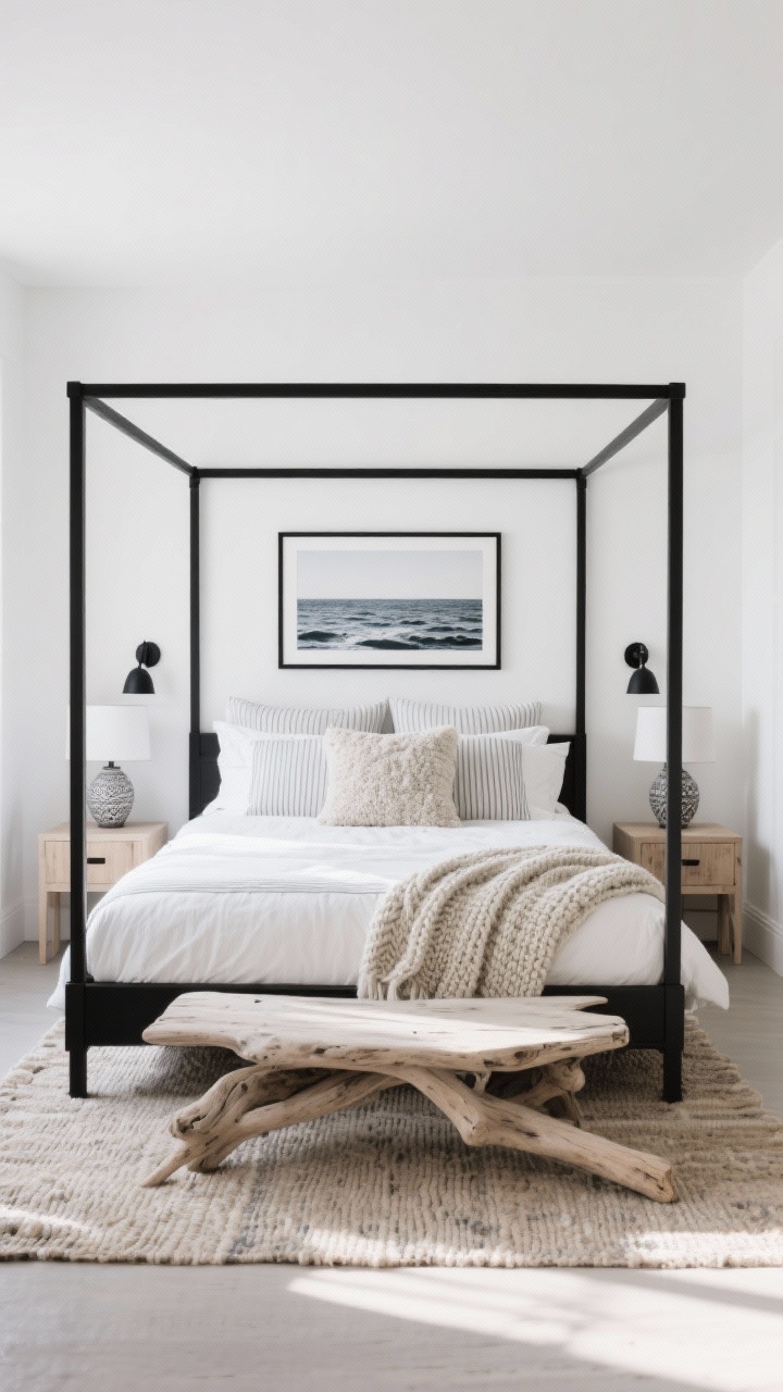 Medium straight-on shot of coastal modern with black accents: gallery white walls; black metal canopy bed as focal point; bleached wood nightstands; stonewashed linen bedding in whites and soft grays with striped shams and a bouclé accent pillow; chunky knit throw draped at the foot; textured area rug in driftwood beige; black-framed ocean photography above the bed; ceramic table lamps; minimal black sconces over each nightstand; balanced contrast, bright natural light with soft shadows, photorealistic.