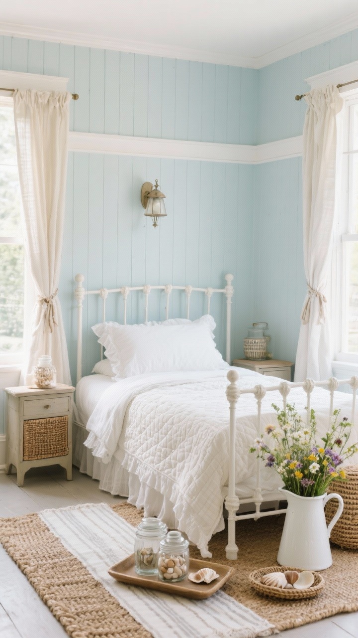 Medium straight-on shot of cottagecore coastal charm: buttery white (or pale duck-egg blue) walls with fresh bright trim; painted spindle bed (or white iron frame) dressed in a quilted coverlet, ruffled shams; linen-cotton curtains with cafe ties; beadboard nightstands; braided jute rug layered with a cotton striped runner; decor including a white pitcher filled with wildflowers, shell-filled apothecary jars, woven trays, and a cottage-style wall sconce; gentle morning light, sweet airy nostalgia, photorealistic.