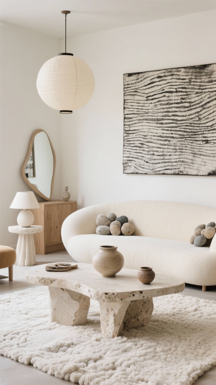 Medium straight-on shot: Organic modern living room highlighting sculptural forms—a curved cream sofa facing a travertine/plaster sculptural coffee table atop a chunky off-white textured rug. Include a large paper lantern pendant, an asymmetrical mirror, a pedestal side table, and light matte wood accents. On the coffee table, a single statement ceramic vessel is the hero object. Add pebble-shaped cushions, a gypsum lamp, and handmade pottery. Art remains minimal: one large monochrome textural piece on the wall. Mood is gallery-like, calm, and grounded.