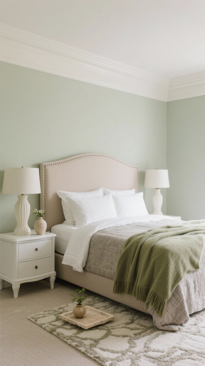 Medium straight-on shot: Quiet luxury bedroom with soft sage walls and creamy white ceiling and trim; an upholstered bed in pale taupe/greige layered with white percale sheets, a stone-colored coverlet, and a draped sage cashmere throw; alabaster bedside lamps atop fluted white nightstands; a wool rug with subtle tone-on-tone pattern underfoot; a travertine tray and ceramic bud vase on the nightstand; filtered, serene lighting and understated textures.