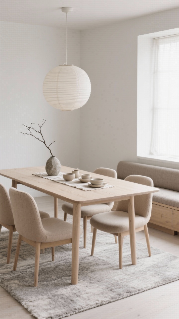 Medium straight-on shot, Scandinavian soft minimalism: pale ash rectangular table with slim profile and soft radius edges in a matte finish; fully upholstered armless dining chairs in mushroom-beige performance fabric with gently curved backs and light oak legs; monochrome palette of taupe, oat, and cloud grey; wool flatweave rug; simple paper lantern pendant above; linen runner, ribbed ceramic dishes, ceramic tea set, and a single branch in a stone vase; low-profile storage bench along the wall; serene, diffuse daylight; photorealistic, no people.