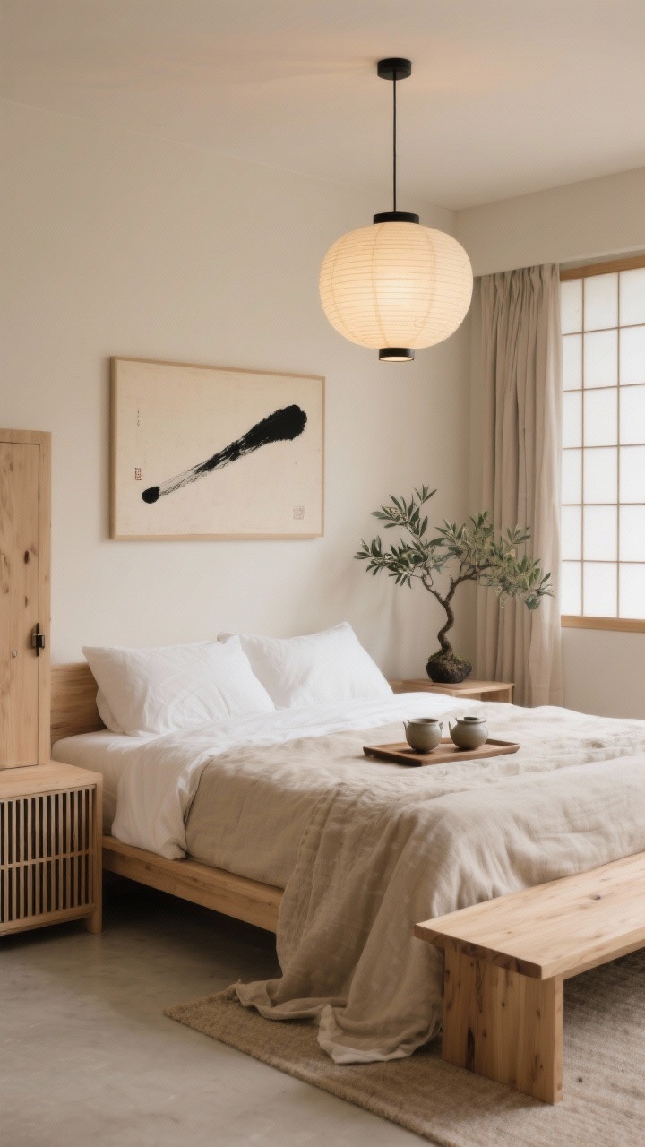 Medium straight-on shot: Serene Japandi-boho blend with warm putty walls, a low ash-wood bed with clean lines, undone linen bedding in oat and stone; paper lantern overhead providing soft diffuse light; simple shoji-style curtains; minimal black ink accents via a slatted bench and hardware; pale wood wardrobe; ceramic tea set on a tray at the foot of the bed; a single oversized textile or ink brush art on the wall; bonsai or small olive tree for a quiet, grounding moment; textures of linen, raw wood, matte ceramic, rice paper; tranquil, photorealistic.
