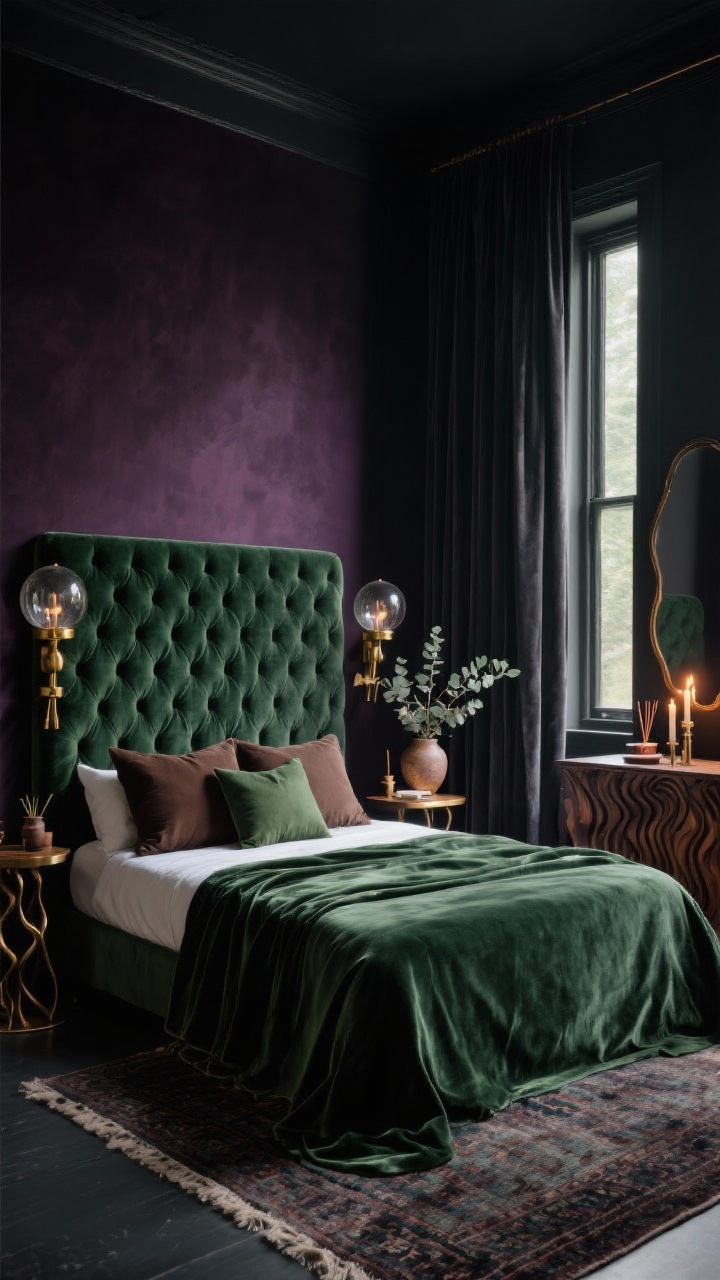 Medium straight-on shot: Velvet Temple Sanctuary bed wall with a saturated black plum accent wall and floor-to-ceiling charcoal velvet drapes framing a window. A tall, tufted deep forest green velvet headboard with velvet coverlet, silk pillow shams in espresso and moss, and a hand-knotted rug in muted ink tones at the base. Sculptural brass sconces with smoky glass globes flank the bed. To the side, a small altar-like console with candles, incense, and a ceramic vessel of eucalyptus; a rippled dark wood mirror reflecting soft candlelight. Luxe, moody lighting, photorealistic.