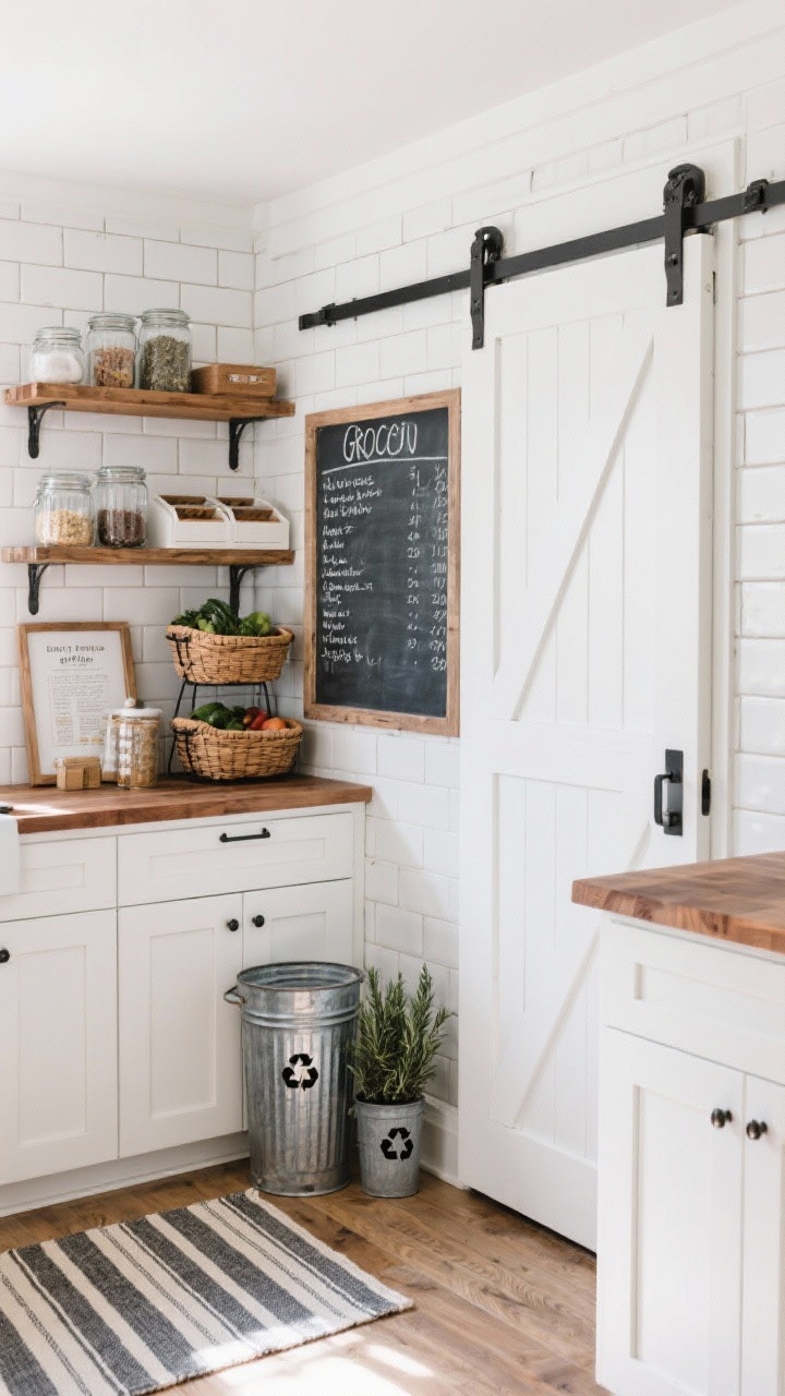 Medium, straight-on view of a farmhouse-modern pantry: a sliding barn door painted crisp white with black hardware partially open to reveal white shaker cabinets, warm walnut butcher block counters, classic white subway tile backsplash, floating wood shelves at eye level holding everyday items, enclosed lower cabinets for hidden storage, a galvanized bin trio for recycling, a chalkboard panel with handwritten grocery list, glass jars with chalk labels, tiered produce baskets, pull-out spice trays, framed recipe cards, a striped runner, and a small potted rosemary; bright, natural daylight with soft shadows.