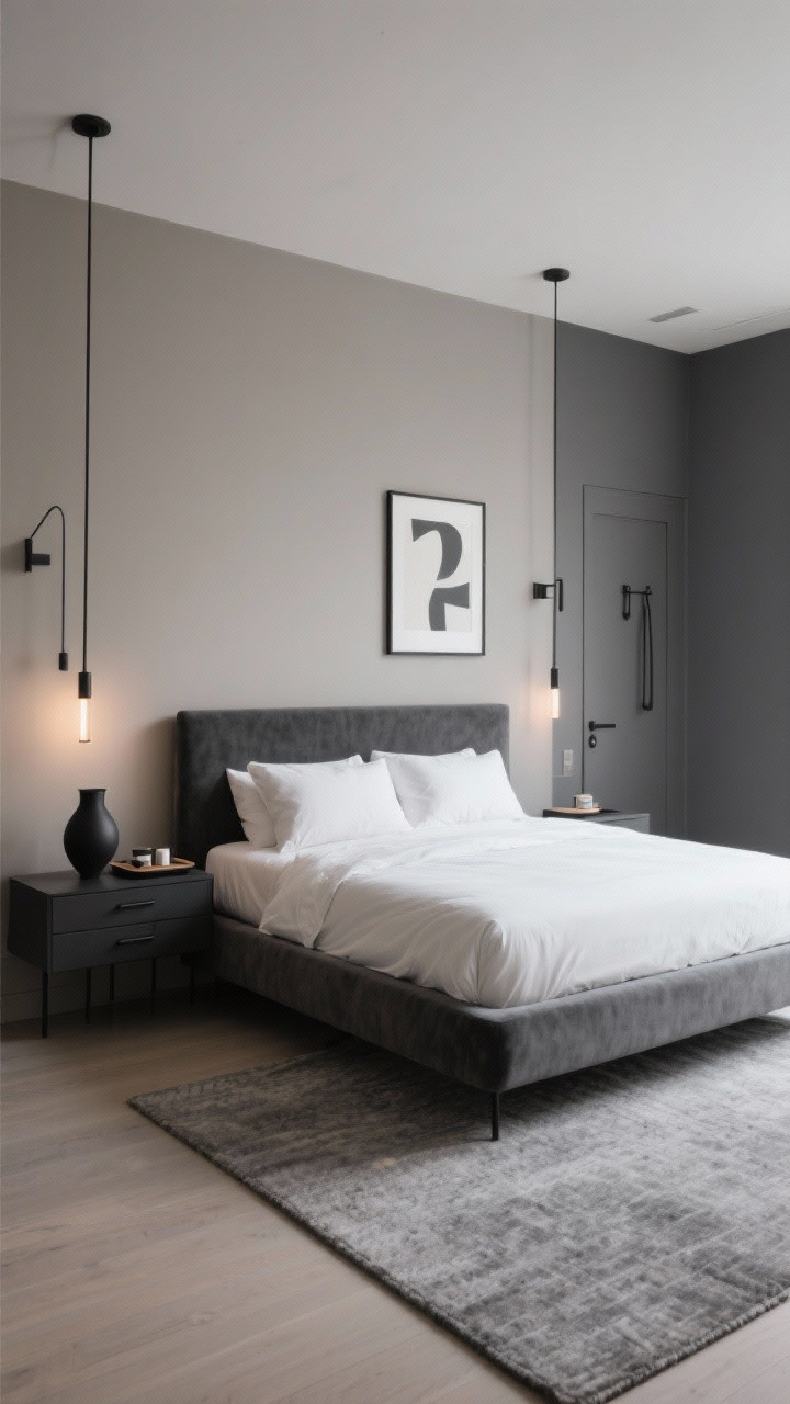 Medium, straight-on view of a Modern Boutique Minimalist bedroom vignette: tight palette of charcoal, soft taupe, and matte black; low-profile platform bed with slate velvet headboard; crisp white sheets and light-down duvet; sleek floating nightstands; dimmable slim black metal wall sconces casting warm, soft light; flatweave tonal gray rug grounding the scene; narrow console with drawers and a built-in valet hook visible near the door; minimal decor with a single graphic print, a sculptural matte-black vase, and a tray with a few essentials; clean lines, serene, meticulous, photorealistic.