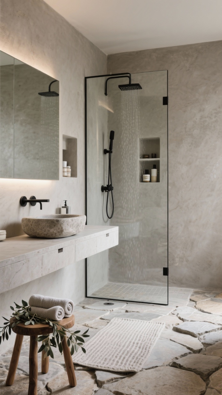 Medium, straight-on view of a stone-on-stone spa bathroom emphasizing texture and tranquility: tumbled limestone floors, microcement floating vanity with integrated storage, honed stone vessel sink, and frameless glass around a rainfall shower. Cool natural palette—greige, dove, soft taupe—with minimal matte black fixtures for contrast. A teak stool holds rolled towels and a eucalyptus sprig. Spa touches: ribbed cotton bath mat, frameless backlit mirror, and a discreet niche with neatly arranged bath essentials. Soft, even lighting, no clutter, clean lines, photorealistic.