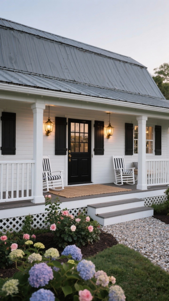 Medium, straight-on view of a whitewashed board-and-batten farmhouse barn with a medium gray metal roof and a wraparound porch; simple square posts with white railing, vertical lattice skirting painted to match; glossy black front door with transom window, black shutters and hardware; antique brass lanterns glowing warmly at twilight; porch styled with white rocking chairs, striped cushions, and a jute outdoor rug; garden foreground of hydrangeas, climbing roses, and a crushed shell path.