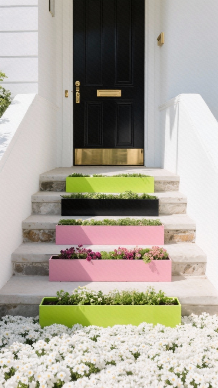 Medium, straight-on view of color-blocked steps: front steps lined with staggered slim rectangular powder-coated metal trough planters forming a tiered look; each trough planted in a single color theme—one entirely ‘Lime Rickey’, one ‘Black Pearl’, one a blush mix like ‘Berry Smoothie’; a low carpet of pure white alyssum at the base; stone step risers visible; polished brass door hardware warming the scheme; palette of neon lime, inky black, soft pink, and white; crisp, graphic, modern-art vibe; bright even daylight; photorealistic.