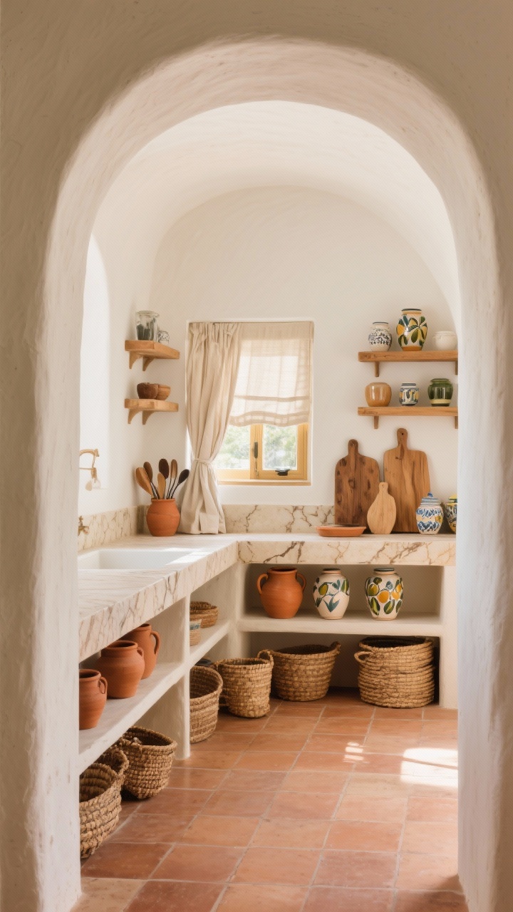 Medium walk-through view framed by a plastered arch into a Mediterranean pantry: terra-cotta floor tiles, open shelves finished in warm limewash tones; a veined travertine counter beneath a petite window with a linen café curtain casting soft sunlight; terracotta crocks with utensils, olive wood boards leaning as decor, woven baskets and hand-painted ceramic jars adding color; a second arch visible at the far end creating a breezy flow; palette of sand, terracotta, and creamy white with sun-drenched warmth.
