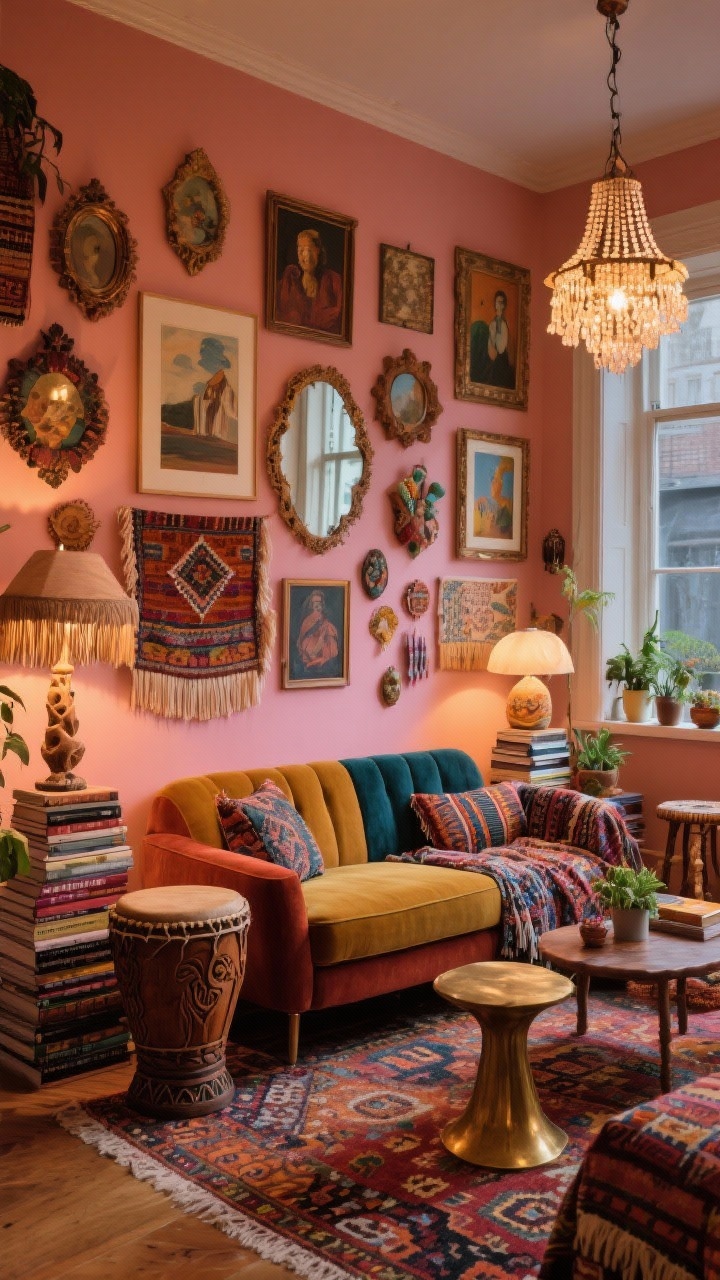 Medium wall-focused shot: Artistic boho maximalist salon with warm clay pink or mellow ochre walls, a dense salon-style gallery wall mixing paintings, textiles, mirrors, and quirky objects in mismatched frames, a tapestry sofa or color-blocked velvet sofa anchored on a bold patterned rug; mixed side tables—a ceramic drum, carved wood piece, and brass pedestal—flanking stacks of books; layered lighting with sculptural table lamps, a fringed floor lamp, and a beaded chandelier; abundant textiles including ikat, suzani, kilim, tassels; eclectic clusters of small plants on stools and window ledges; rich, cozy evening glow, photorealistic.