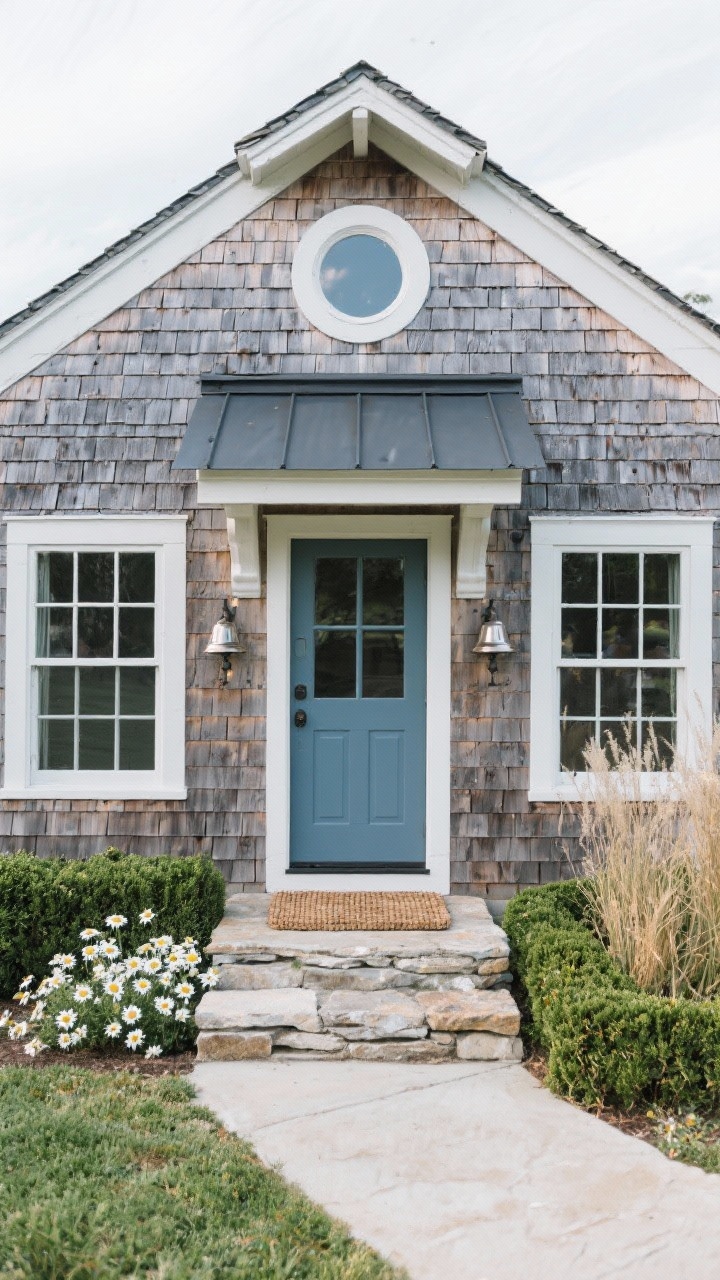 Medium, welcoming front approach of a cedar shingle cottage-barn where shingles are beginning to weather to soft gray; crisp white trim around generous windows; dark gray asphalt or charcoal metal roof; a small gable overhang at the entry with exposed rafter tails; blue-gray front door; polished nickel bell sconces; natural stone stoop with a woven doormat; boxwood borders, daisies, and ornamental grasses; a playful round window in the gable visible above.