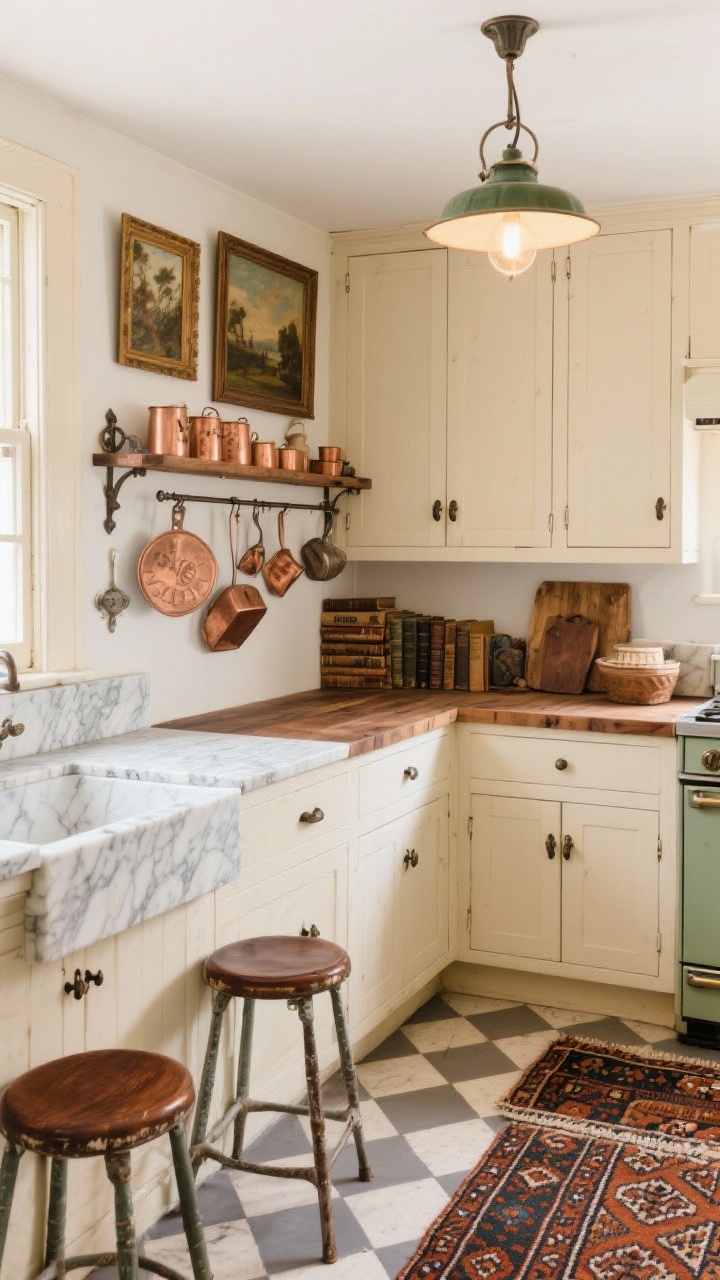 Medium-wide angle from a corner: A collected vintage kitchen with warm ivory cabinets fitted with mismatched vintage pulls. Mixed countertops: some bases topped with veined marble, others with rich butcher block. An antique baker’s rack displays copper molds, framed oil paintings, and stacks of worn cookbooks. A muted checkerboard painted floor ties tones of ivory and taupe; a classic schoolhouse pendant glows overhead. Vintage stools with walnut accents, a patterned kilim runner adds color. Layered, inherited feel, photorealistic.