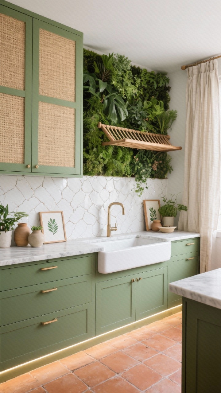 Medium-wide biophilic oasis: rich sage green cabinets with cane-front uppers, creamy calacatta-look quartz countertop wrapping into a deep undermount sink, glossy white zellige tile backsplash shimmering with imperfect edges. Modular living wall panel of thriving greenery above backsplash, natural oak fold-out drying rack extended. Terracotta hex tile floor adds warmth. Slimline LED under-shelf strips highlighting the plants, stoneware jars, small botanical prints, and a flax linen curtain filtering daylight. Fresh, tactile, serene; photorealistic straight-on.