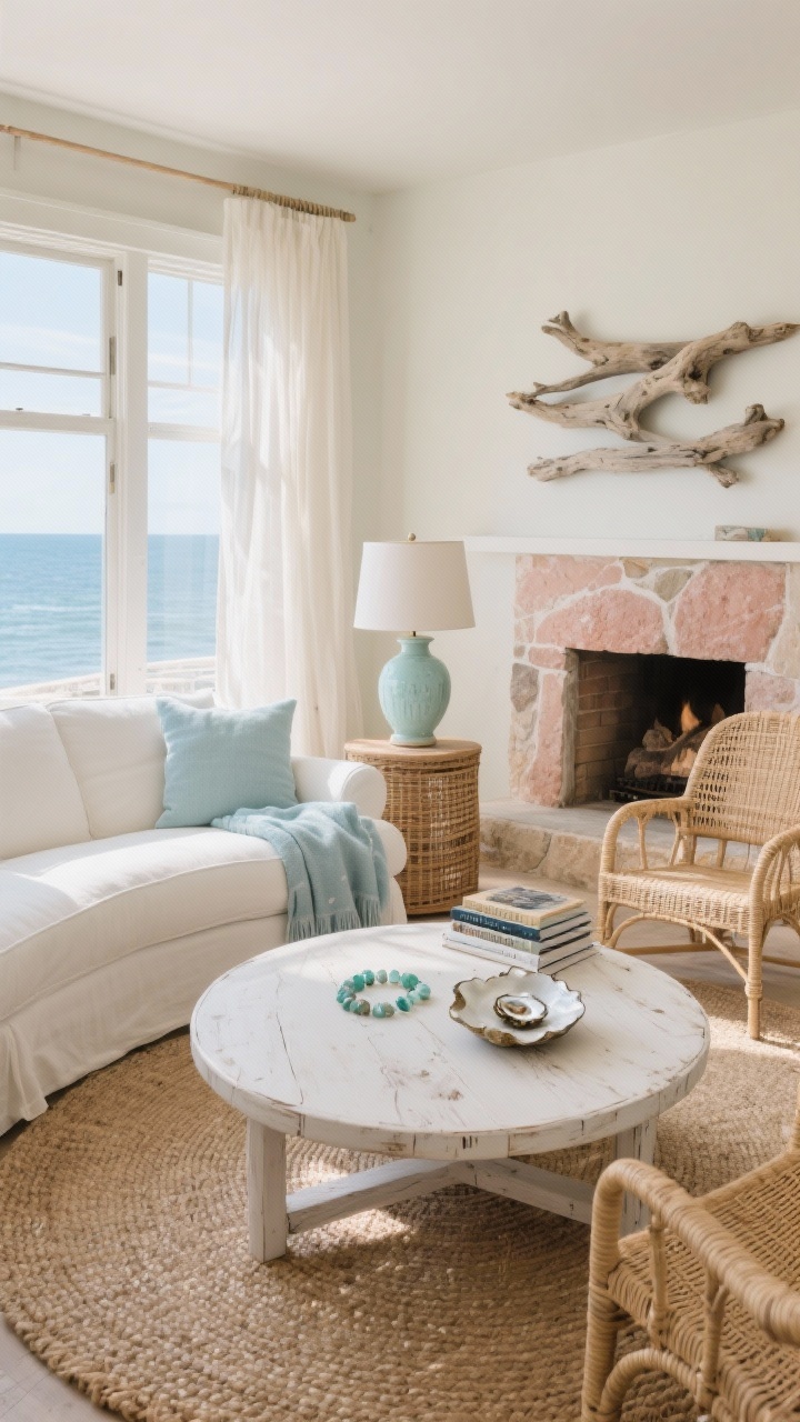 Medium-wide coastal living room turned toward a coral stone fireplace: an ivory slipcovered curved sofa catching ocean light from large windows with sheer linen curtains fluttering. Room drenched in sand tones, seafoam, and weathered oak. Centered round whitewashed wood coffee table styled with sea-glass beads and stacked design books; woven jute rug grounding the scene. Rattan club chairs pair opposite for balance, wicker side table, driftwood wall art. Color hits include a seafoam ceramic table lamp, pale blue throw, and an oyster shell dish. Breezy, sunbleached feel, natural daylight, photorealistic.