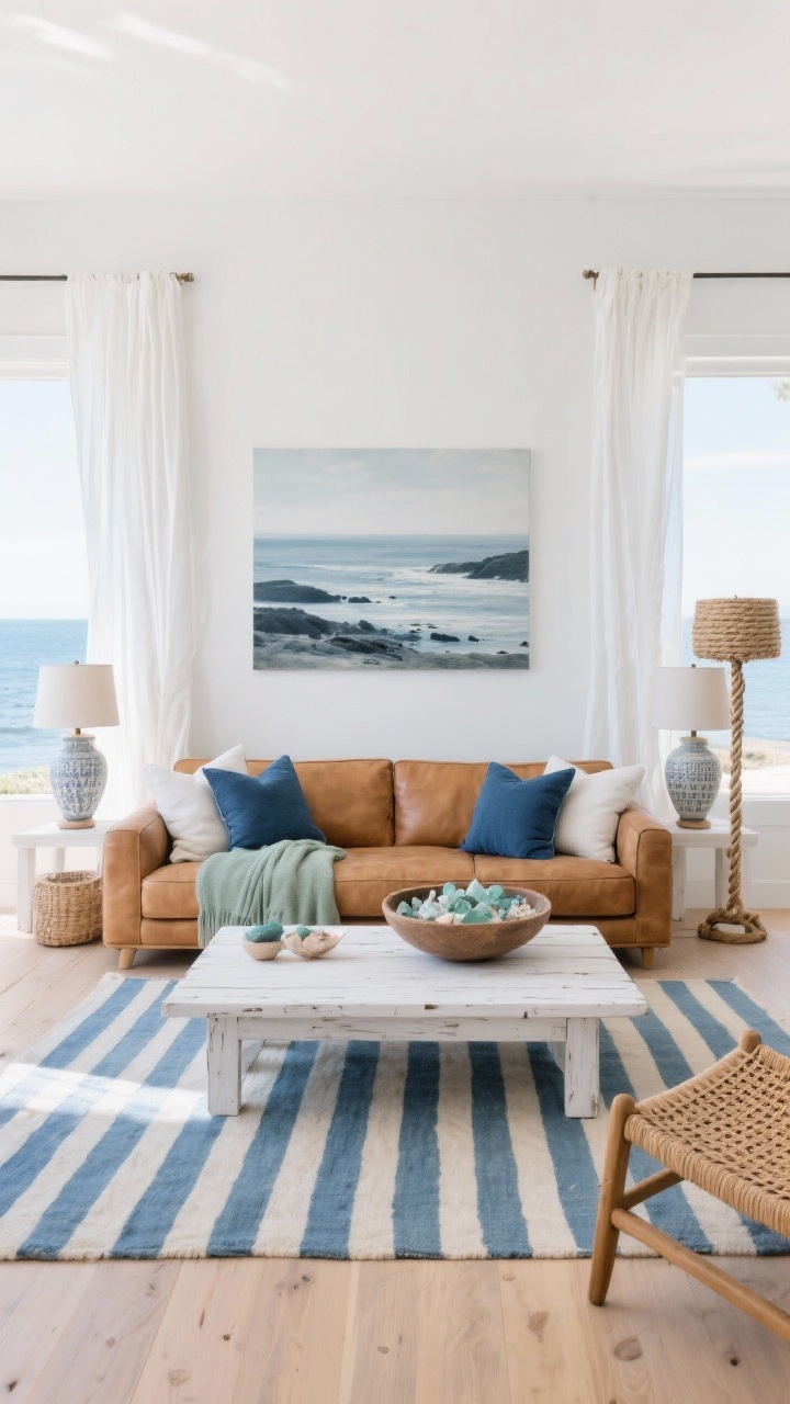 Medium-wide coastal scene, straight-on: A camel leather sectional with wide, relaxed cushions floats on bleached oak floors over a blue-and-ivory striped rug. Crisp white walls and white linen drapes moving softly in the breeze. A whitewashed wood coffee table sits center, flanked by ceramic table lamps. Accents include indigo pillows, a soft sage throw, a big bowl of sea glass, a rattan side chair, and a rope-accent floor lamp. An oversized coastal landscape in muted blue-gray tones hangs above. Bright, breezy natural light, photorealistic.