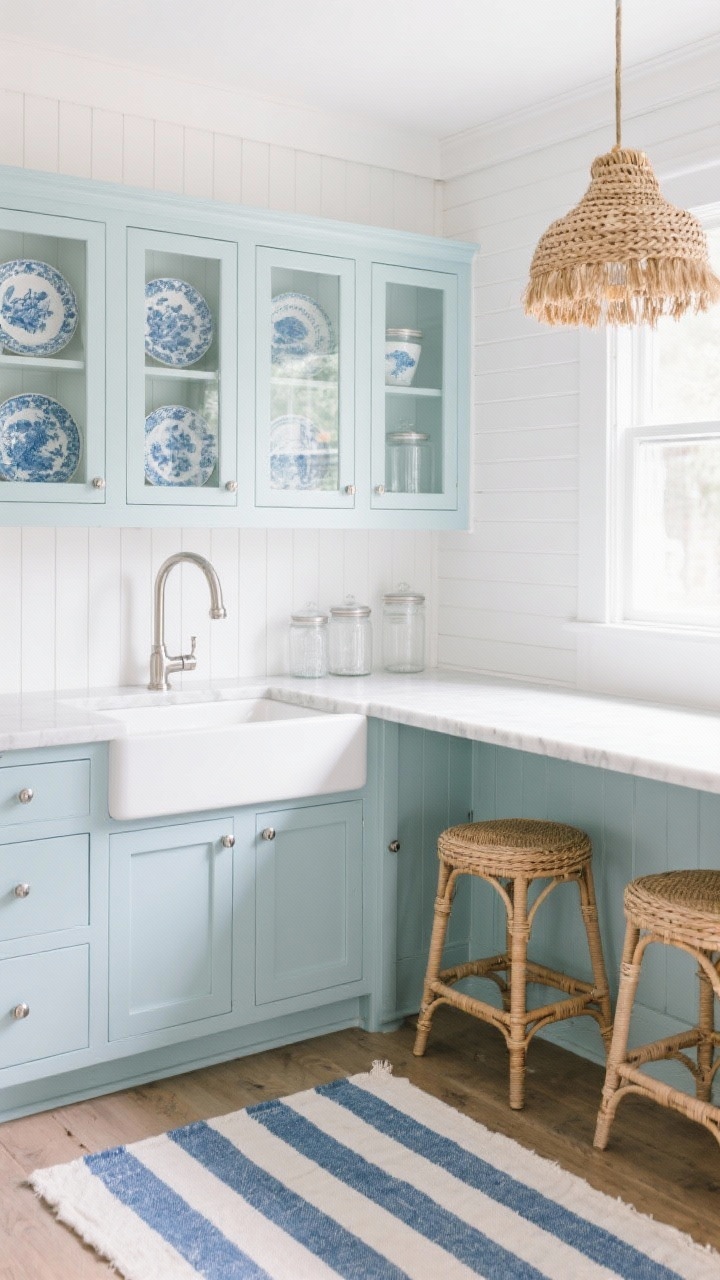 Medium-wide corner angle: A light coastal cottage kitchen with white beadboard walls and inset cabinetry painted a soft, dusty sea-glass blue. Honed Carrara (or white quartz) counters reflect gentle daylight. Polished nickel bridge faucet and hardware add crisp shine. A woven seagrass pendant hangs over the workspace; a blue-and-white striped cotton rug underfoot. Glass-front uppers display blue transferware plates alongside clear glass canisters; cane bar stools tuck beneath the counter. Cloud white, misty blue, polished nickel, and seagrass textures, breezy mood, photorealistic.