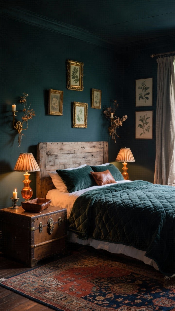 Medium-wide corner angle: A moody farmhouse bedroom with deep charcoal green walls (could be read as ink blue in shadows), a weathered wood headboard, and a soft velvet quilt on the bed. Style with a Persian-style rug in rust and navy, old brass picture frames on the wall, an antique trunk at the foot of the bed, and fluted bedside lamps with warm bulbs. Add candle sconces, dried florals in amber glass, linen curtains, leather catchall on the nightstand, and framed botanical prints. Low, warm evening lighting for dramatic, cozy contrast between dark walls and warm woods. Photorealistic.
