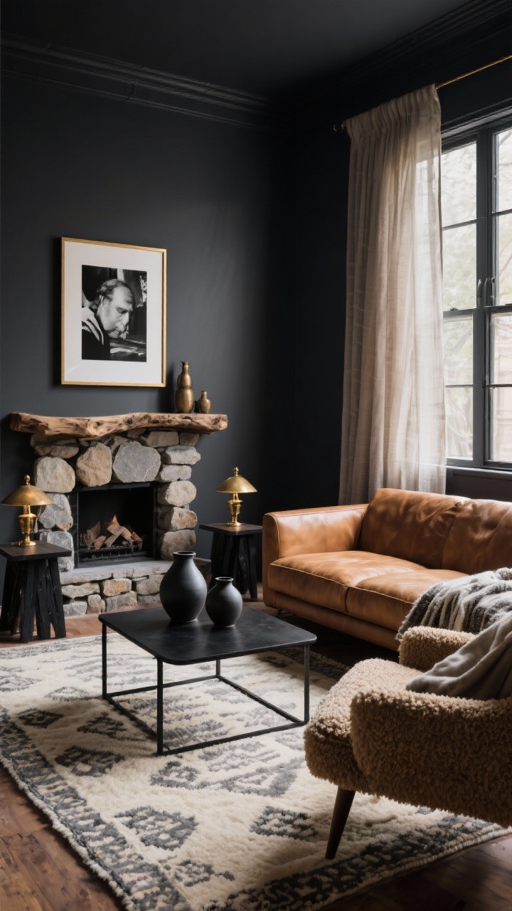 Medium-wide corner angle: A moody living room with deep charcoal gray walls and a camel leather sofa facing a black metal-framed coffee table. Layer a cream-and-gray high-pile Moroccan-style rug underfoot. Flank the sofa with blackened wood end tables topped with antique brass lamps for a warm, moody glow. Include a bouclé accent chair, wool throw, matte ceramic vases on the table, and a live-edge mantel over a stacked-stone fireplace. Sheer flax curtains soften the windows; oversized black-and-white photography in thin brass frames hangs above. Low, dramatic lighting with rich shadows, photorealistic.