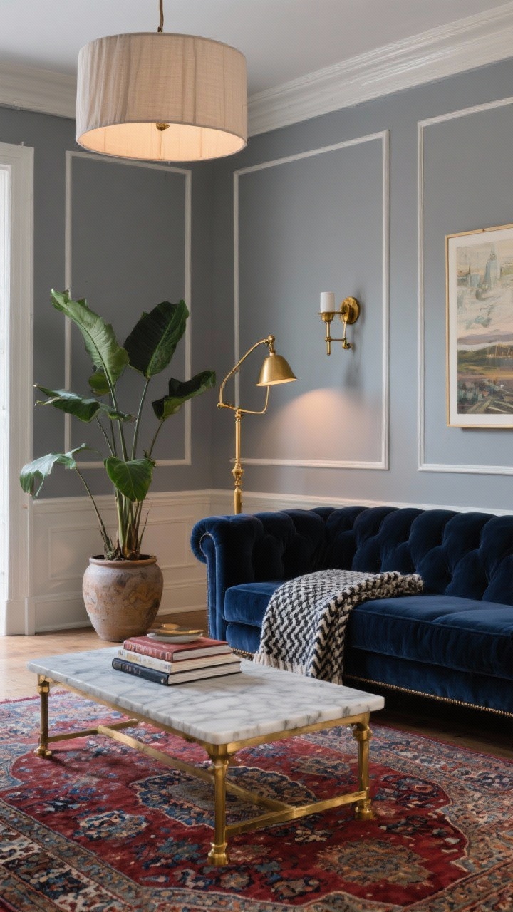 Medium-wide corner angle: A timeless living room anchored by a deep navy velvet sofa, soft gray walls with crisp white trim, warm brass hardware and accents. Persian-style rug in muted reds and blues under a marble-topped brass coffee table. Brass swing-arm sconces, stacked art books, and a herringbone wool throw on the sofa arm. A tall leafy plant in a ceramic pot lifting the corner. Overhead linen drum pendant and a classic brass floor lamp casting warm, evening light. Photorealistic, no people.
