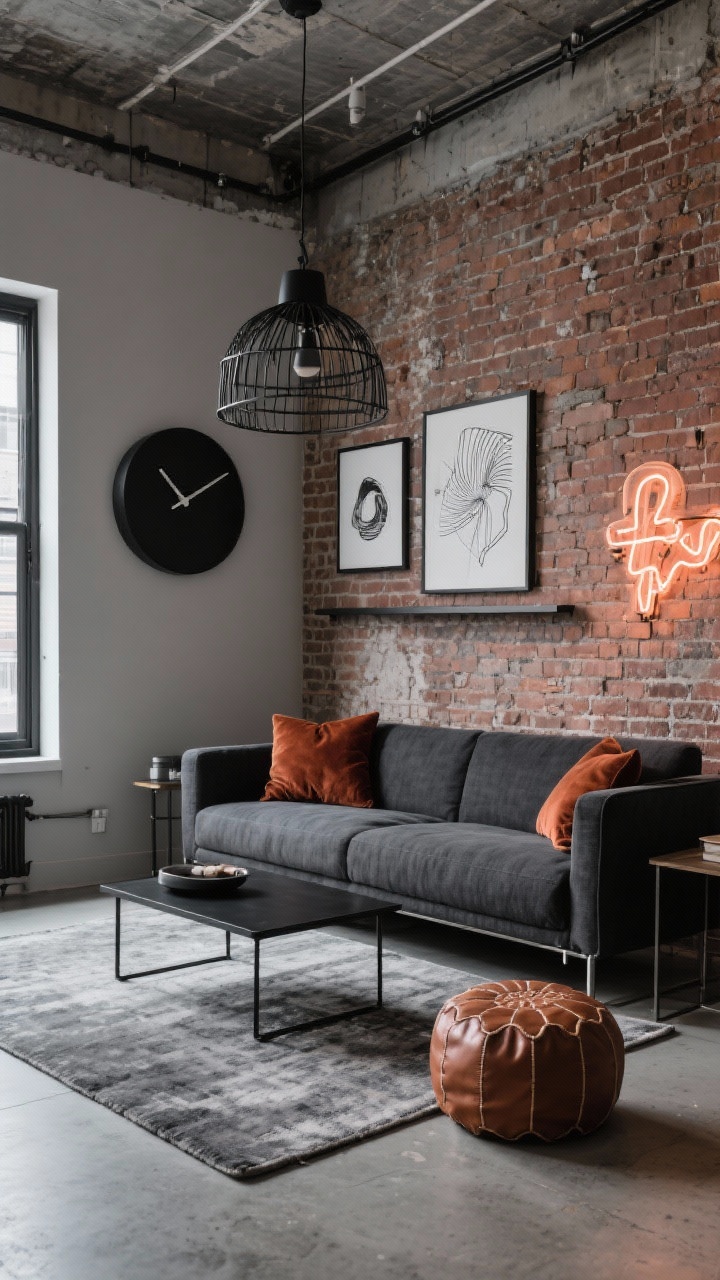 Medium-wide corner angle, photorealistic: Industrial loft living area featuring a charcoal performance-linen track-arm sofa with metal legs set against an exposed brick accent wall. A concrete-look rug grounds a blackened steel coffee table. Wall-mounted picture ledges display monochrome/abstract line art prints; a cheeky neon art piece glows subtly. Rust velvet pillows on the sofa, a cognac leather pouf nearby. Overhead, a caged pendant light in matte black; an oversized matte black wall clock on an adjacent wall. Palette: charcoal, rust, cognac, matte black; textures of linen, leather, metal, concrete.