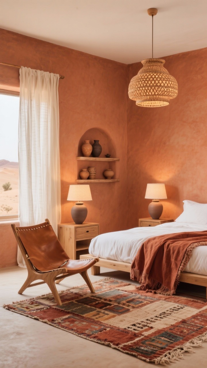 Medium-wide corner view: Desert-toned bedroom oasis with terracotta, ochre, and soft clay palette, oak bed and simple nightstands, leather sling chair, and layered textures (Kilim rug, cotton gauze curtains, pottery on open shelves). Two matte ceramic table lamps with rounded bases and parchment shades emit sun-baked, soft light; a rattan pendant overhead scatters a gentle patterned glow. Warm whites, rust linens, caramel leather accents, serene and grounded. Photorealistic.