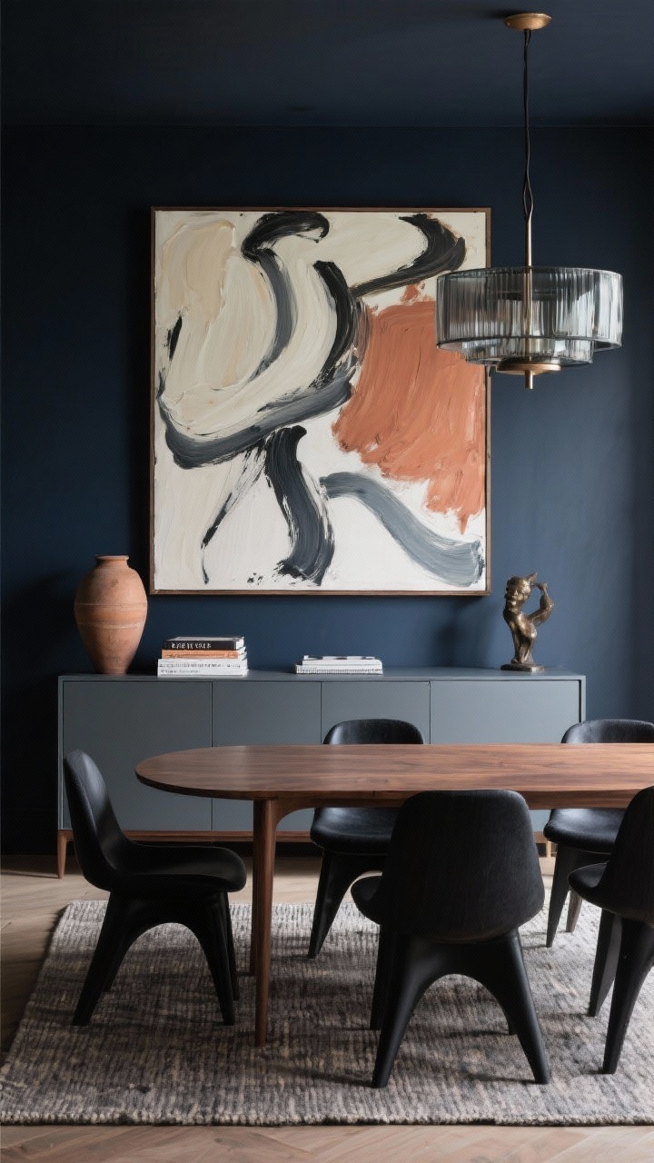 Medium-wide dining room, moody atmosphere: Charcoal-blue walls, walnut dining table with sculptural black chairs, lit by a smoked-glass chandelier. One oversized abstract canvas at least two-thirds the table width, featuring sweeping brushstrokes in ivory, slate, and terracotta, hung 6–8 inches above a slim buffet cabinet. Style the buffet with a tall earthenware vase, stacked design books, and a small bronze sculpture. A flatweave rug in heathered neutrals grounds the room. Photorealistic, dramatic, editorial calm.