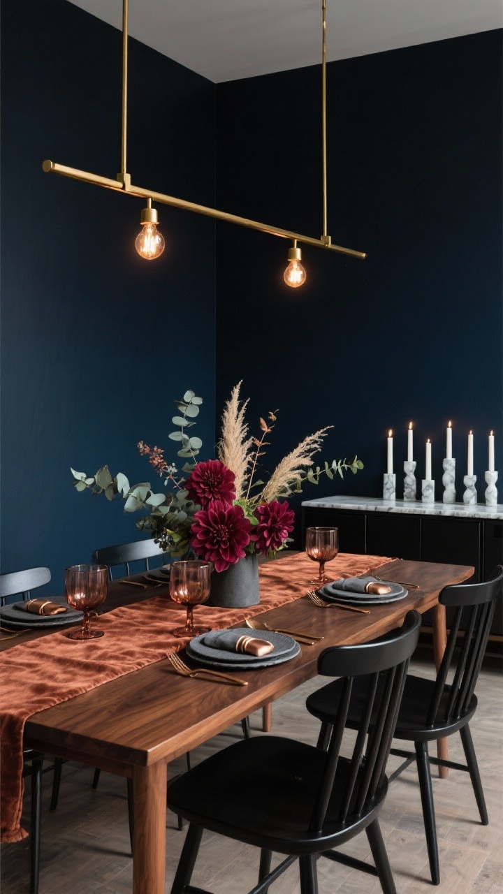 Medium-wide dining scene: Modern moody dining room with deep charcoal/blue-black walls. A walnut mid-century wood table paired with black spindle chairs. Table set with copper flatware, smoky glass stemware, and a textured rust velvet runner; slate chargers with metallic napkin rings mix matte and shine. Low centerpiece of burgundy dahlias, eucalyptus, and dried grasses. Overhead, a linear brass chandelier with warm Edison bulbs casting a golden glow. A matte black sideboard behind holds a row of marble candle pillars. Intimate, luxe atmosphere, photorealistic, no people.
