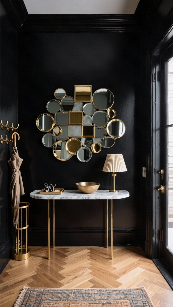 Medium-wide, entryway straight-on: Deep ink/glossy near-black walls, a sleek marble console with slender brass legs, herringbone wood floor (or small hand-knotted rug). Above the console, a mirror mosaic—playful but balanced cluster of round, square, and teardrop mirrors in antique brass, polished nickel, and smoked glass, varying sizes and spacing for rhythm. Console styled with a tray for keys, a low bowl, and a small lamp with a pleated silk shade. Flank with a tall umbrella stand or sculptural coat hook. Light bouncing, metals shimmering, glamorous, photorealistic.