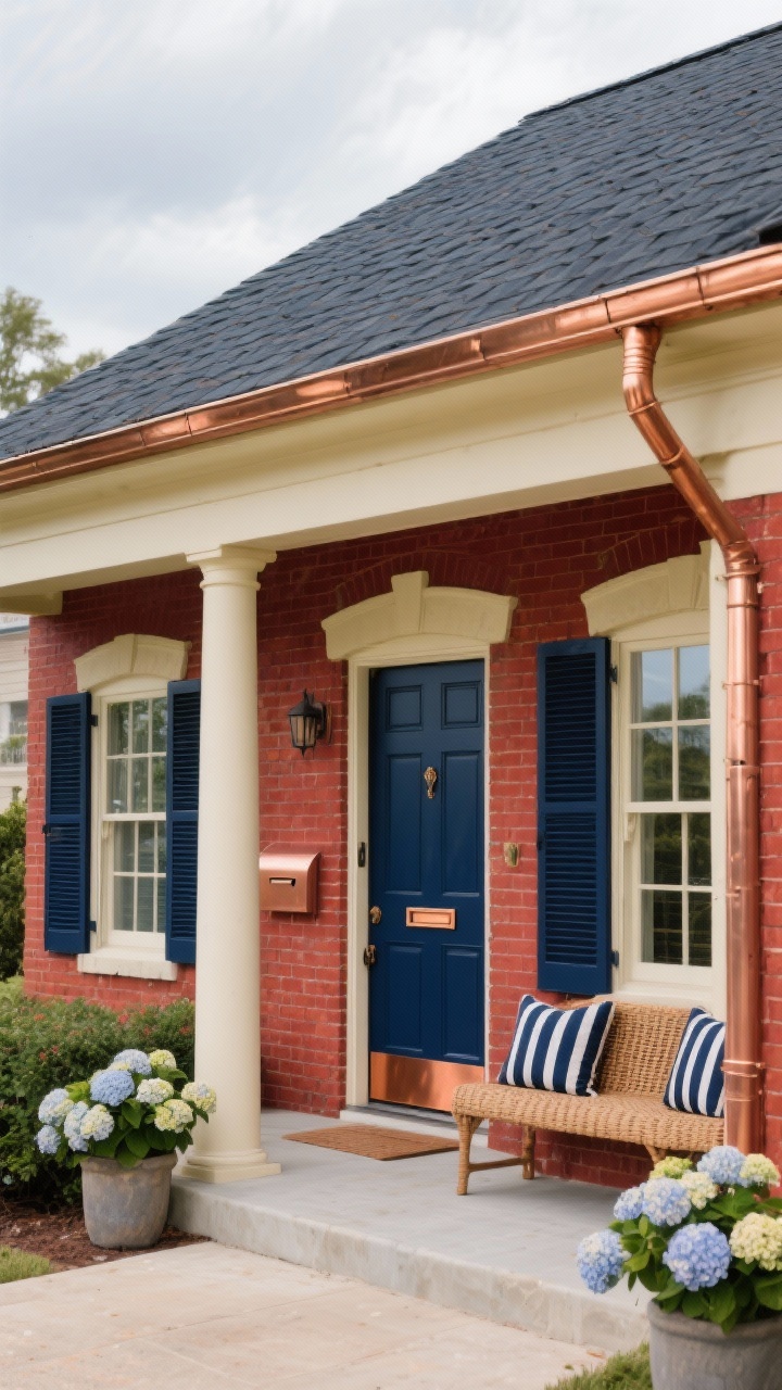 Medium-wide exterior of a red brick home with creamy limestone-inspired trim in warm cream around windows, navy shutters, and a navy front door featuring a copper kick plate and copper mail slot. Copper gutters and downspouts glint subtly under overcast-bright sky; a charcoal roof frames the scene. Porch styling includes a woven bench with navy-striped cushion covers and lush hydrangeas in planters. Rich, coastal-meets-heritage mood, balanced contrast of navy against cream and brick.
