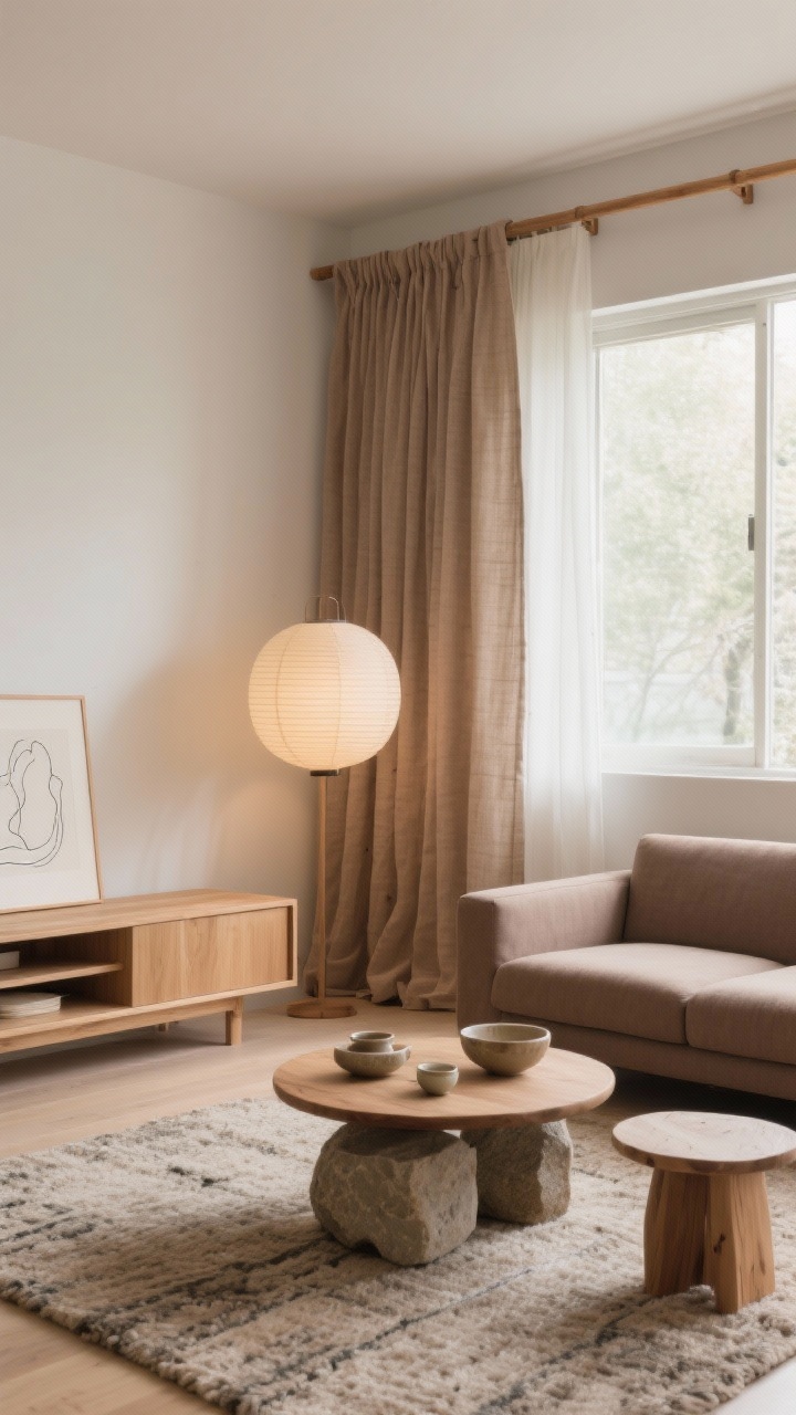 Medium-wide Japandi living room: unlined flax linen curtains in warm mushroom tone gently puddling an inch on the floor, hung on a slim oak rod with discreet brackets; light oak low media console; taupe sofa with clean arms; round paper lantern casting soft diffuse light; textured wool rug and raw stone side tables; shallow ceramic bowls, a tea set, and minimal line art accents; color story mushroom, taupe, oat, light oak; photorealistic, serene, warm natural daylight from side window, corner angle.