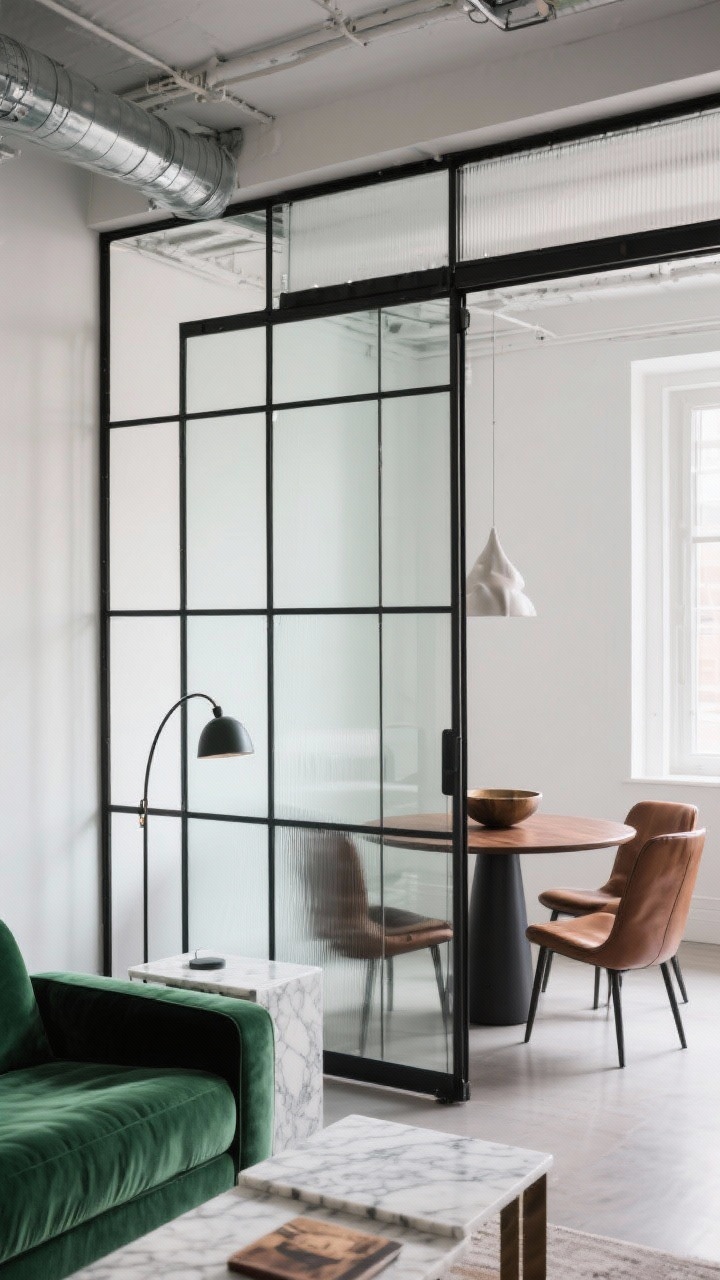 Medium-wide, loft-chic interior with a glossy clear tempered glass partition in a slim black steel grid, thin elegant mullions creating architecture; on the living side a velvet emerald sofa, a marble-topped side table, and a sleek arc floor lamp; through the glass, a compact dining area with a round walnut table, two leather chairs, and a sculptural bowl centerpiece; soft white walls, palette of black, emerald, warm walnut; minimal accents so the grid is the focal point; include a sheer motorized shade neatly tucked inside the grid track; bright natural daylight, straight-on view, photorealistic.