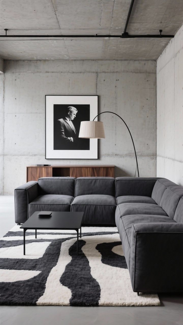 Medium-wide loft scene, modern modular: a charcoal modular sectional with angular, low profile lines faces a rectangular black metal coffee table; a high-contrast abstract rug in charcoal and cream anchors the seating; a single oversized black-and-white photograph hangs low over the sofa on concrete walls; a walnut media console adds warmth; a sculptural arc floor lamp with a linen shade arcs over the sofa; materials include concrete, wool, brushed metal, linen; palette of charcoal, graphite, walnut, crisp white; photorealistic, cool minimal mood.