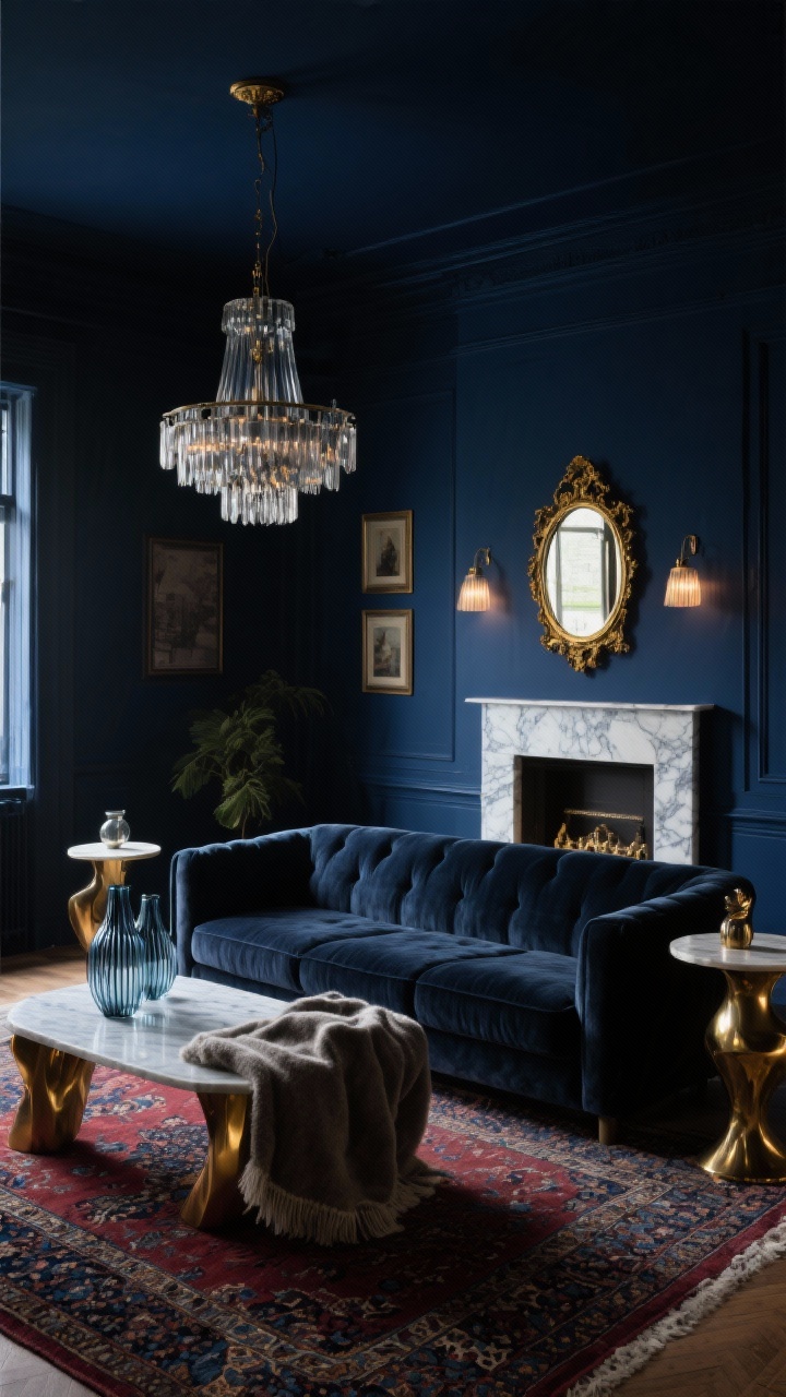 Medium-wide, moody living room drenched in satin-finish midnight blue walls with a low-slung charcoal velvet sofa; sculptural brass side tables reflecting a warm glow; smoked glass chandelier above and picture lights washing the walls; a vintage Persian rug with burgundy and inky blue tones; an antique gold mirror leaning on the mantel; marble-topped coffee table with mohair throw and ribbed glass vases; dim, dramatic lighting, luxe atmosphere, photorealistic.
